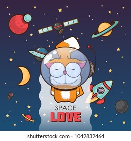 Space love. Card with vector animal character.
