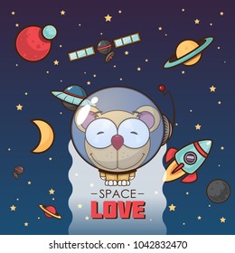 Space love. Card with vector animal character.