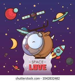Space love. Card with vector animal character.