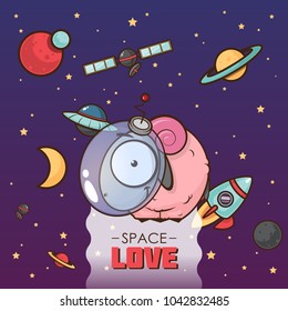 Space love. Card with vector animal character.