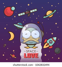 Space love. Card with vector animal character.