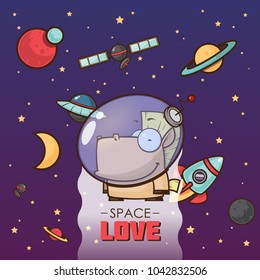 Space love. Card with vector animal character.