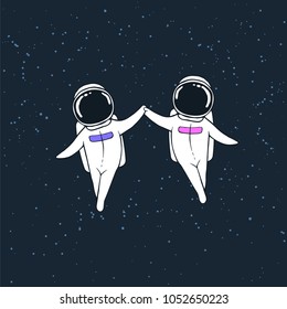 Space love in cosmos.Astronaut girl and boy fly together.Romantic vector illustration