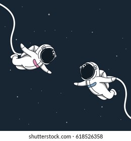 Space love in cosmos.Astronaut girl and boy fly to meet each other.Romantic vector illustration