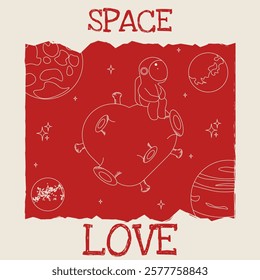 Space Love Grunge theme. Perfect Valentine's Day greeting poster cover template design. Valentine background with astronaut on the red Heart. Vector for invitation poster card covers. EPS 10