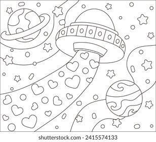 Space love themed coloring page for kids with cute spaceship with heart shapes flying around at night background, printable educational worksheet in cartoon style