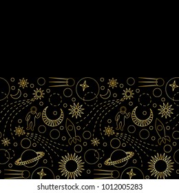 Space luxury gold seamless border on black background. Doodle repeat pattern for textile print, wallpaper, wrapping, template with text place.