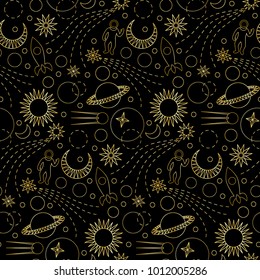 Space luxury gold seamless pattern on black background. Doodle repeat textile print, wallpaper, wrapping.