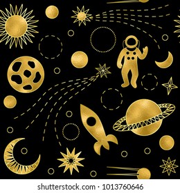 Space luxury gold seamless pattern on black background. Repeat wallpaper from cosmic objects with effect of crumpled foil for fashion textile print, greeting cards, cosmonautics day postcards.