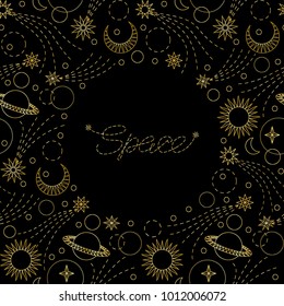 Space luxury gold seamless round frame on black background. Doodle repeat pattern for textile print, wallpaper, wrapping, template with text place.