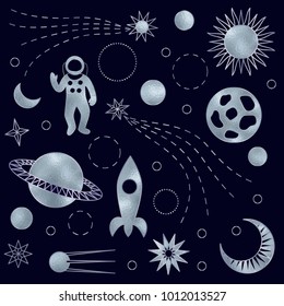 Space luxury silver set on blue background. Cosmic objects with effect of crumpled foil for textile print, greeting cards, cosmonautics day postcards.