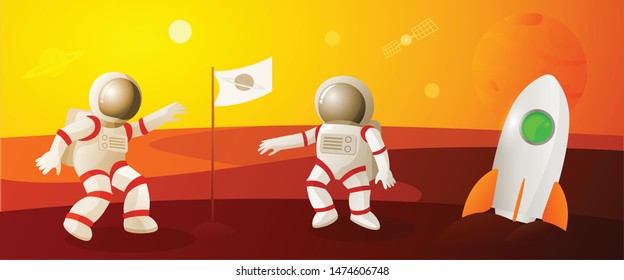 Space man or Astronaut on a planet with a rocket spacecraft.