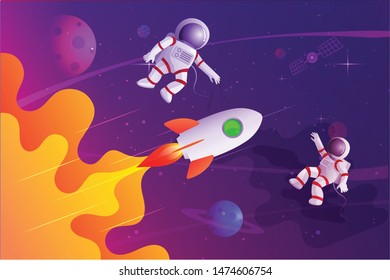 Space man or Astronaut  a planet with a rocket spacecraft.