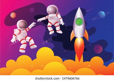 Space man or Astronaut  a planet with a rocket spacecraft.