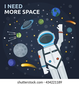 Space and man concept with astronaut in foreground planets satellites comets stars on blue background vector illustration