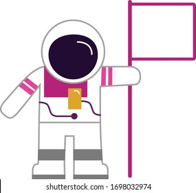 Hombre espacial sostiene una bandera blanca en blanco con fondo blanco.