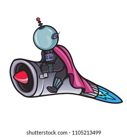 Space man mascot. Vector illustration of space man in cape character on the rocket in retro futurism, cartoon style.