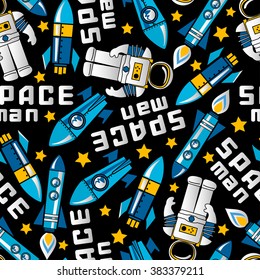 Space man and rockets in space seamless pattern .