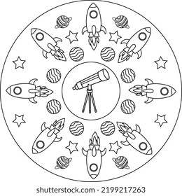 Weltraummandala. Schwarz-Weiß-Rakete. Färbung