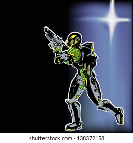 Space Marine, Vector background illustration with a future soldier running past a distant star into the night