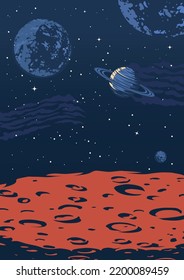 Marte espacial colorido volante vintage paisaje galáctico de la superficie del planeta rojo o de la luna con cráteres y estrellas ilustración vectorial