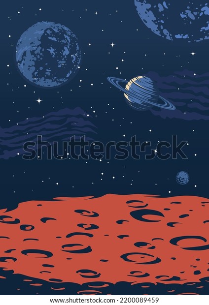 Space mars colorful flyer vintage galactic\
landscape from surface of red planet or moon with craters and stars\
vector illustration