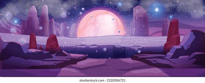 Space Mars game background, alien planet vector cartoon landscape, night sky, astronaut cosmic rocks. Fantasy galaxy desert futuristic view stone red parallax surface. Outer space game UI moon concept