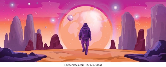 Fondo del juego de Marte Espacial, dibujo del paisaje vector del planeta alienígena, cielo nocturno, rocas cósmicas astronautas. La galaxia fantástica desértica vista futurista piedra de la superficie paralela roja. concepto de luna de la interfaz de usuario del espacio ultraterrestre