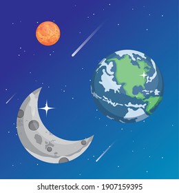 Weltraummars Mond und Erde Welt des Universums Kosmos und futuristisches Thema Vektorgrafik