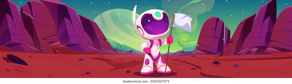 Space mars planet with cosmonaut and white flag landscape background. Alien in astronaut suit in extraterrestrial martian canyon desert 2d videogame mission illustration. Cosmoc green sky backdrop