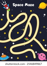 Space maze activity worksheet for kids.
