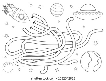 Space maze for children. Coloring page. Help the rocket find way to the planet. Educational game for kids. Vector illustration.