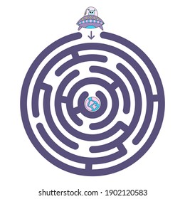 Space maze for children. Labyrinth. Vector illustration for the book. Board game for the development of the child, the brain. Help the UFO fly to the ground.