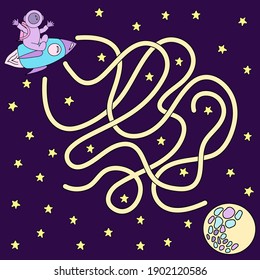 Space maze for children. Labyrinth. Vector illustration for the book. Board game for the development of the child, the brain. Help the astronaut fly to the moon in a rocket.