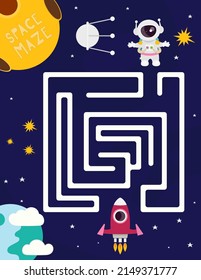 Space Maze game for children. Help the Rocket get to Astronaut. Vector illustration. Space labyrinth for kids activity book.