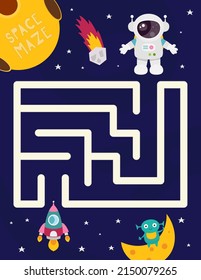 Space Maze game for children. Help the Astronaut get to Rocket ship. Vector illustration. Space labyrinth for kids activity book.
