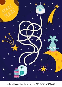 Space Maze game for children. Help Space Snail get to Spaceship. Vector illustration. Space labyrinth for kids activity book.