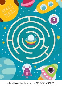 Space Maze game for children. Help the Alien get to flying saucer. Vector illustration. Space labyrinth for kids activity book.