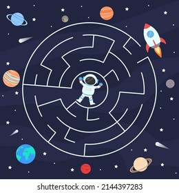 Space maze game for kids. Help the astronaut find the way to the rocket. Educational game for children. 