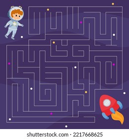 Space maze for kids with an astronaut heading for a rocket. Preschool event in honor of Space Day. Cosmic awareness or a space maze game, a puzzle. Worksheet for printing on space exploration