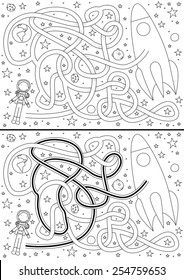 Space maze for kids with a solution in black and white