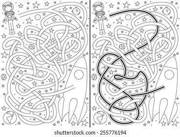 Space maze for kids with a solution in black and white