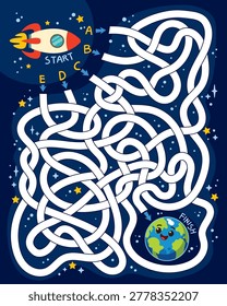 Space maze puzzle for children where kids help a rocket reach Earth. Educational activity that develops logic, attention, and problem-solving skills in a fun space learning theme. Funny vector illustration