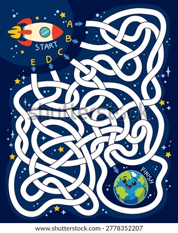 Space maze puzzle for children where kids help a rocket reach Earth. Educational activity that develops logic, attention, and problem-solving skills in a fun space learning theme. Funny vector illustration