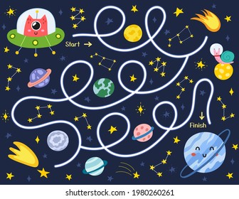 Space maze puzzle for kids. Help a cute alien in a flying saucer find way to the planet. Activity page with funny space character.  Mini game for school and preschool. Vector illustration