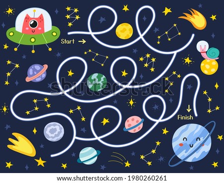 Space maze puzzle for kids. Help a cute alien in a flying saucer find way to the planet. Activity page with funny space character.  Mini game for school and preschool. Vector illustration