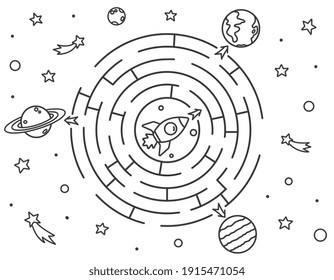 Space maze puzzle or Labyrinth game for kids. Coloring page with Tangled road. Outline cartoon rocket must find a way to the planets of the solar system. Coloring book for kids. Vector illustration