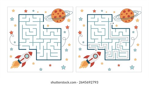 Space maze with solution – fun cartoon rocket maze to planet, flat vector game for kids with answer path included