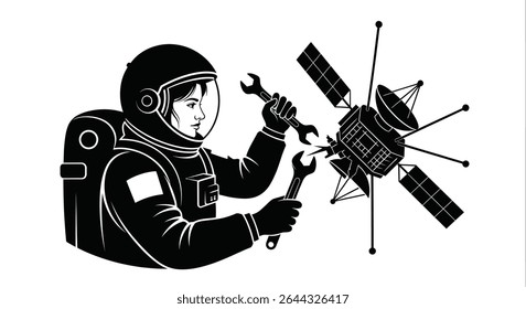 Um mecânico espacial consertando um satélite com ferramentas em órbita.jpg	Espaço Habilidoso Mecânico Fixação de Ferramentas de Satélite Orbit Manutenção	Um mecânico espacial habilitado habilmente repara um satélite usando uma ferramenta especializada