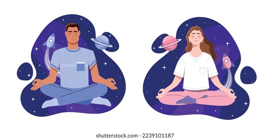 Concepto de meditación espacial. Hombre y mujer en posición de loto. Meditación y concentración. Imaginación y fantasía, conciencia y salud mental. Afiche o pancarta. Dibujo vectorial plano de dibujos animados